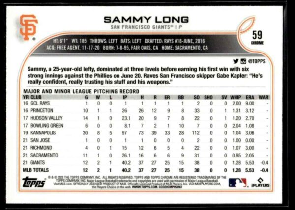2022 Topps Chrome Sammy Long Rookie San Francisco Giants #59