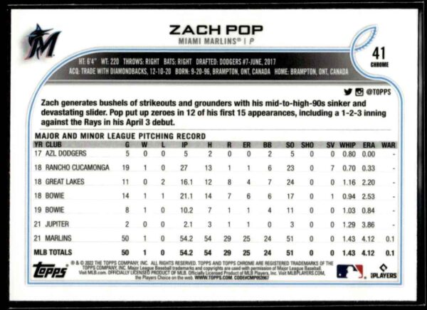 2022 Topps Chrome Zach Pop Rookie Miami Marlins #41