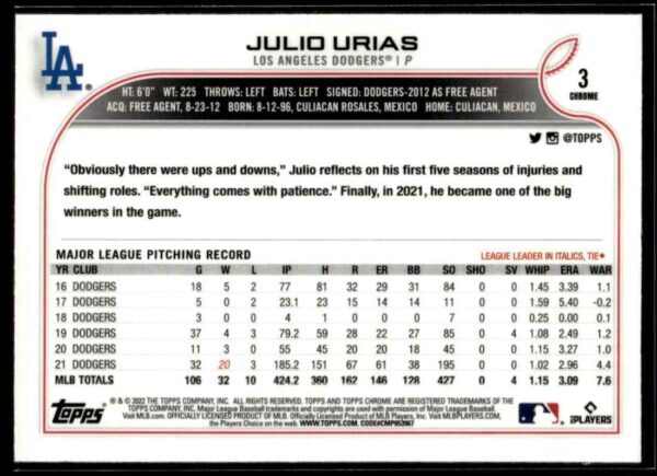 2022 Topps Chrome Julio Urias Los Angeles Dodgers #3