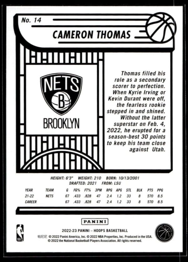 2022 NBA Hoops Brooklyn Nets #14 Cameron Thomas