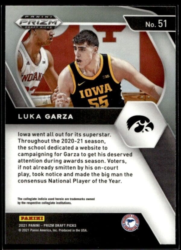 2021 Panini Prizm Draft Picks Iowa Hawkeyes #51 Luka Garza RC Rookie