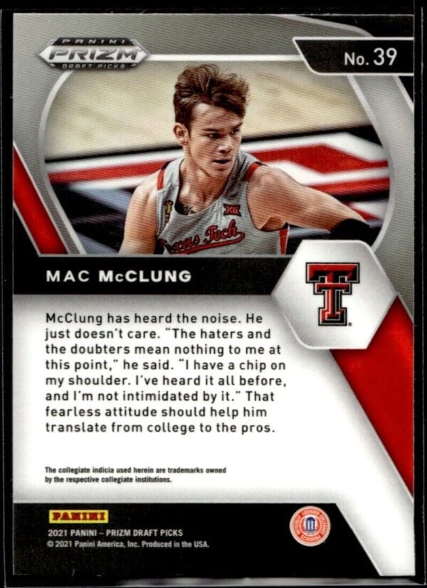 2021 Panini Prizm Draft Picks Texas Tech Red Raiders #39 Mac McClung RC Rookie