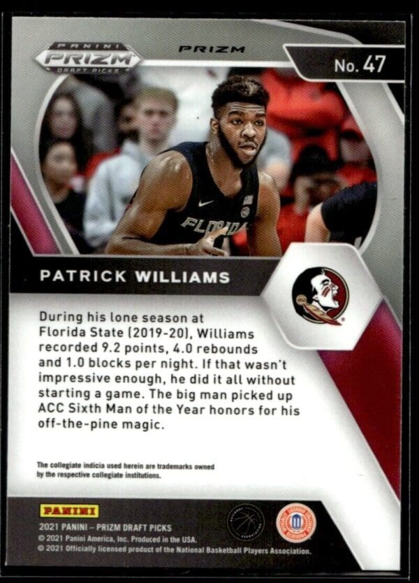 2021 Panini Prizm Draft Picks Florida State Seminoles #47 Patrick Williams Orang