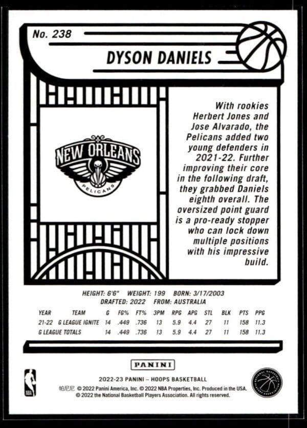 2022 NBA Hoops New Orleans Pelicans #238 Dyson Daniels RC Rookie