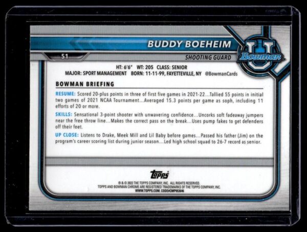 2022 Bowman University  #51 Buddy Boheim