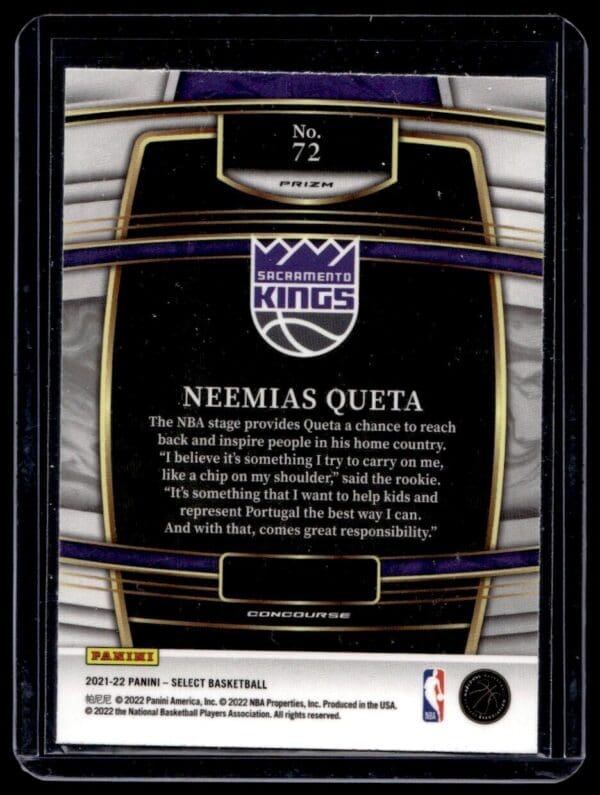 2021 Panini Select Sacramento Kings #72 Neemias Queta RC Rookie Silver Refractor