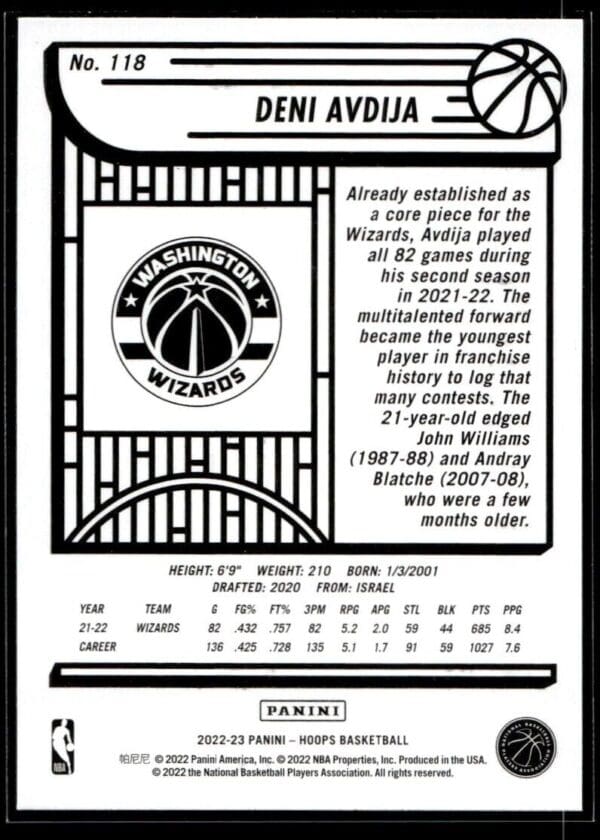 2022 NBA Hoops Washington Wizards #118 Deni Avdija