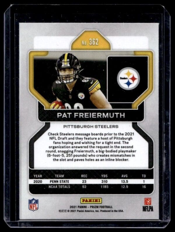 2021 Panini Prizm Pittsburgh Steelers #362 Pat Freiermuth RC Rookie
