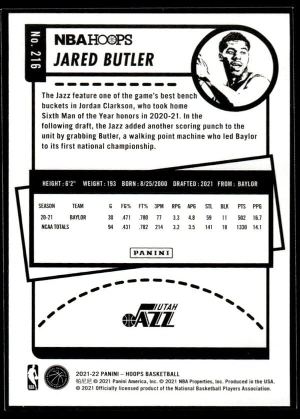 2021 NBA Hoops Utah Jazz #216 Jared Butler RC Rookie