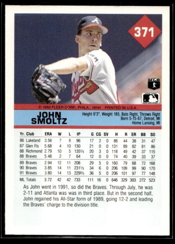 1992 Fleer Atlanta Braves #371 John Smoltz
