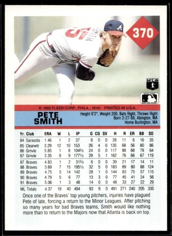 1992 Fleer Atlanta Braves #370 Pete Smith