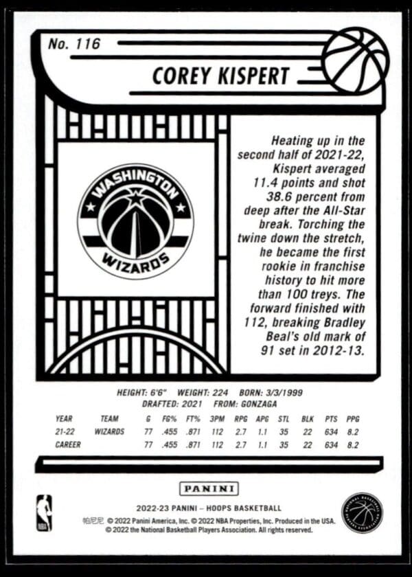 2022 NBA Hoops Washington Wizards #116 Corey Kispert