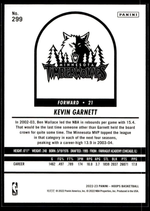2022 NBA Hoops Minnesota Timberwolves #299 Kevin Garnett Tribute