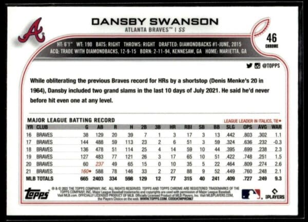 2022 Topps Chrome Atlanta Braves #46 Dansby Swanson