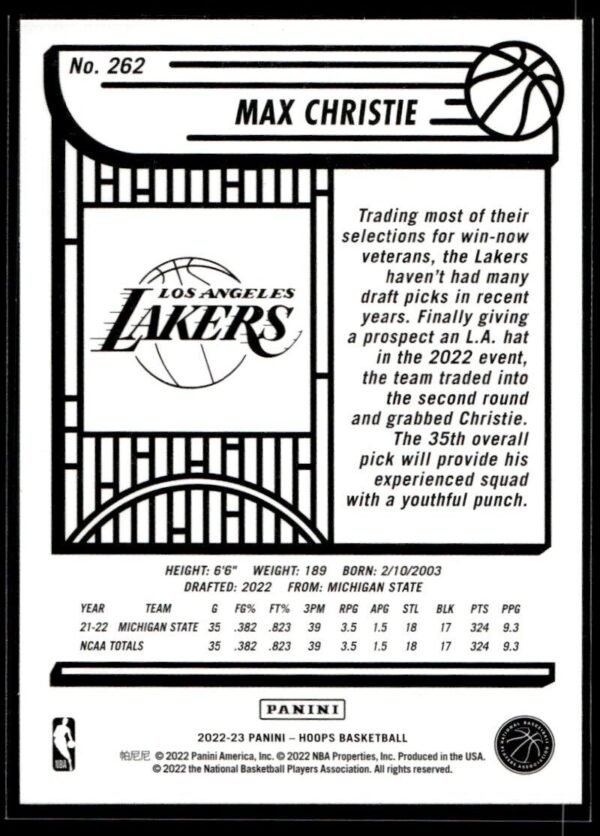 2022 NBA Hoops Los Angeles Lakers #262 Max Christie RC Rookie