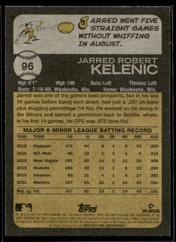 2022 Topps Heritage Seattle Mariners #96 Jarred Kelenic