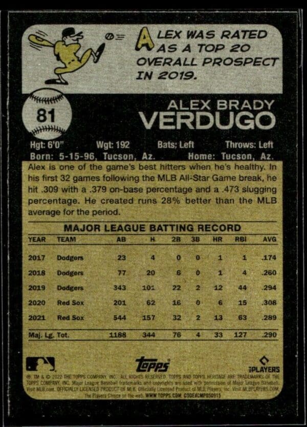 2022 Topps Heritage Boston Red Sox #81 Alex Verdugo