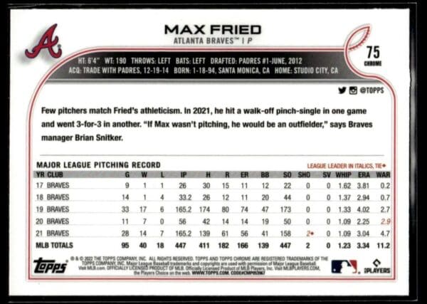 2022 Topps Chrome Atlanta Braves #75 Max Fried