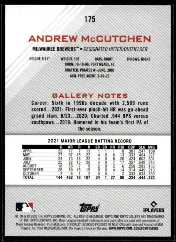 _10 2021 Topps Gallery Milwaukee Brewers #175 Andrew McCutchen