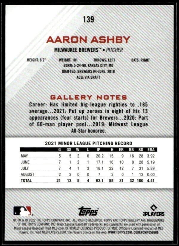 2021 Topps Gallery Milwaukee Brewers #11 Aaron Ashby