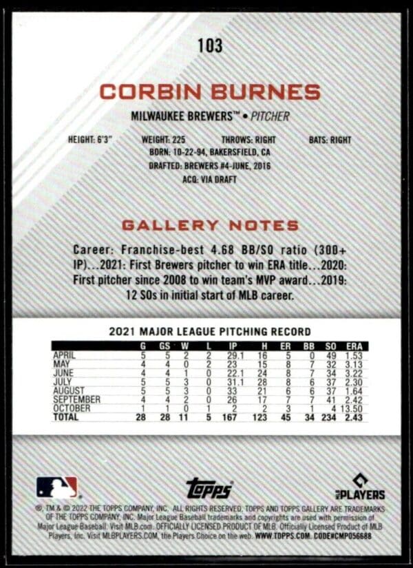 _10 2021 Topps Gallery Milwaukee Brewers #103 Corbin Burnes