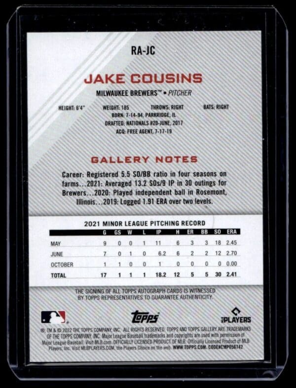 2022 Topps Chrome Rookie Autographs Milwaukee Brewers #RA-JC Jake Cousins Autogr
