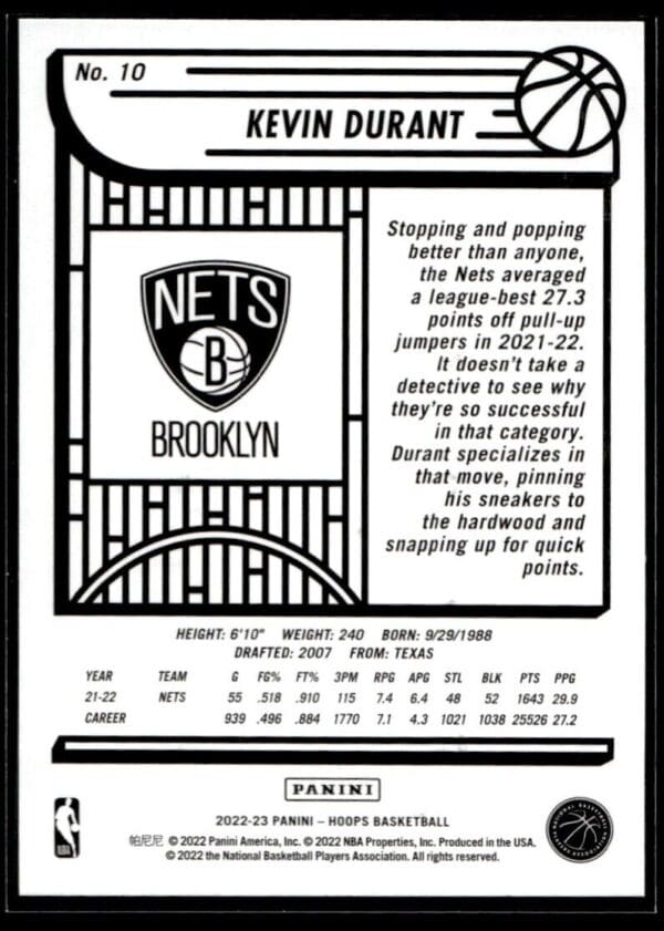 2022 NBA Hoops Brooklyn Nets #10 Kevin Durant
