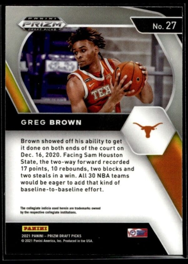 _10 2021 Panini Prizm Draft Picks Texas Longhorns #27 Greg Brown III RC Rookie