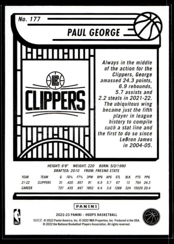2022 NBA Hoops Los Angeles Clippers #177 Paul George