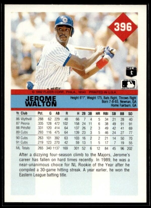 1992 Fleer Chicago Cubs #396 Jerome Walton