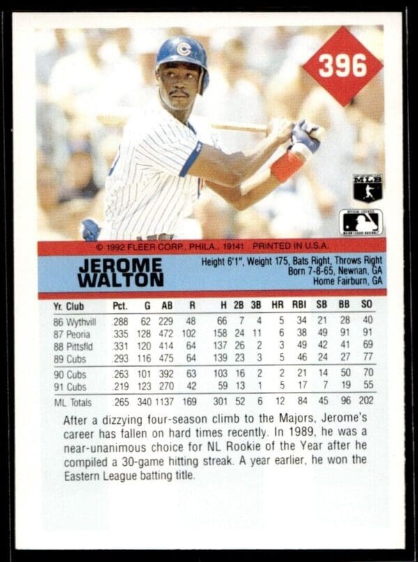 1992 Fleer Chicago Cubs #396 Jerome Walton