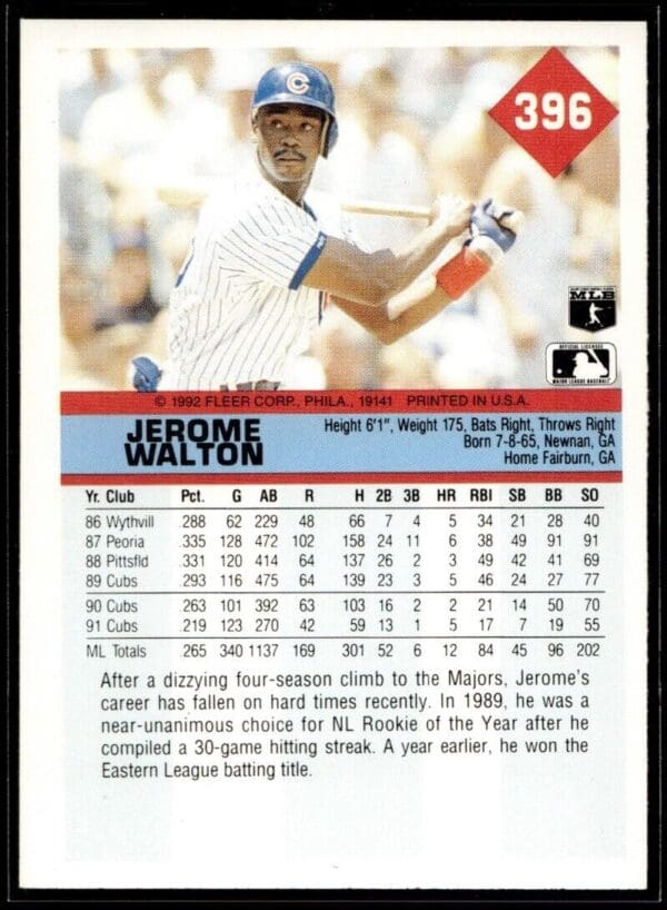 _10 1992 Fleer Chicago Cubs #396 Jerome Walton