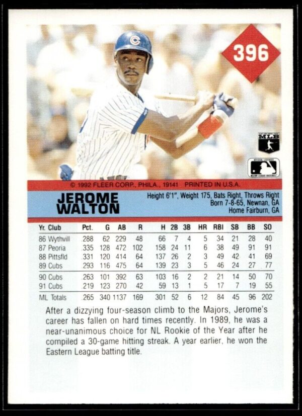1992 Fleer Chicago Cubs #396 Jerome Walton