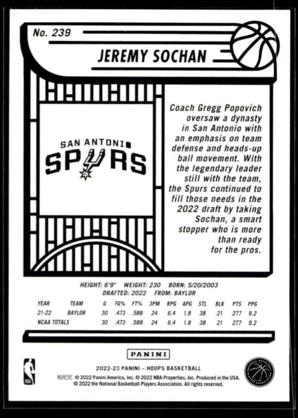 _10 2022 NBA Hoops San Antonio Spurs #239 Jeremy Sochan RC Rookie