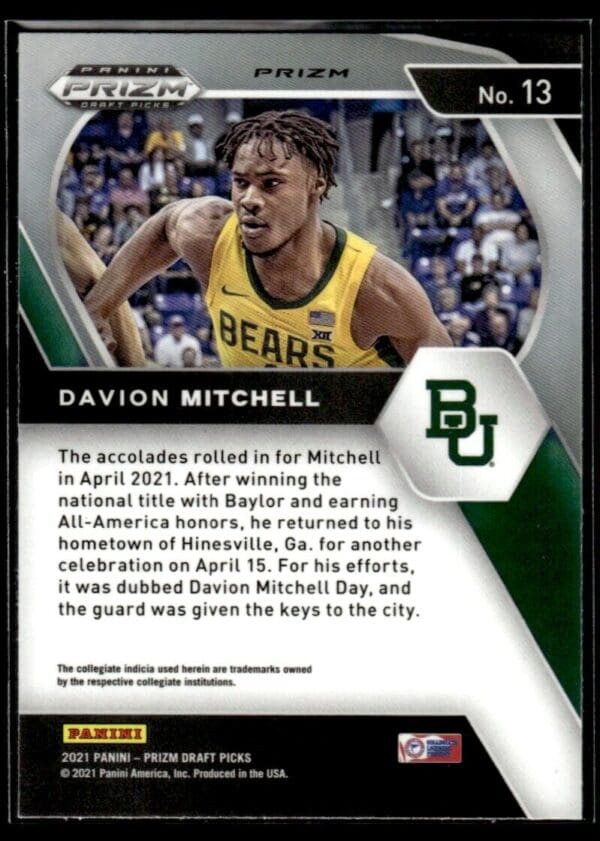 2021 Panini Prizm Draft Picks Baylor Bears #13 Davion Mitchell RC Rookie