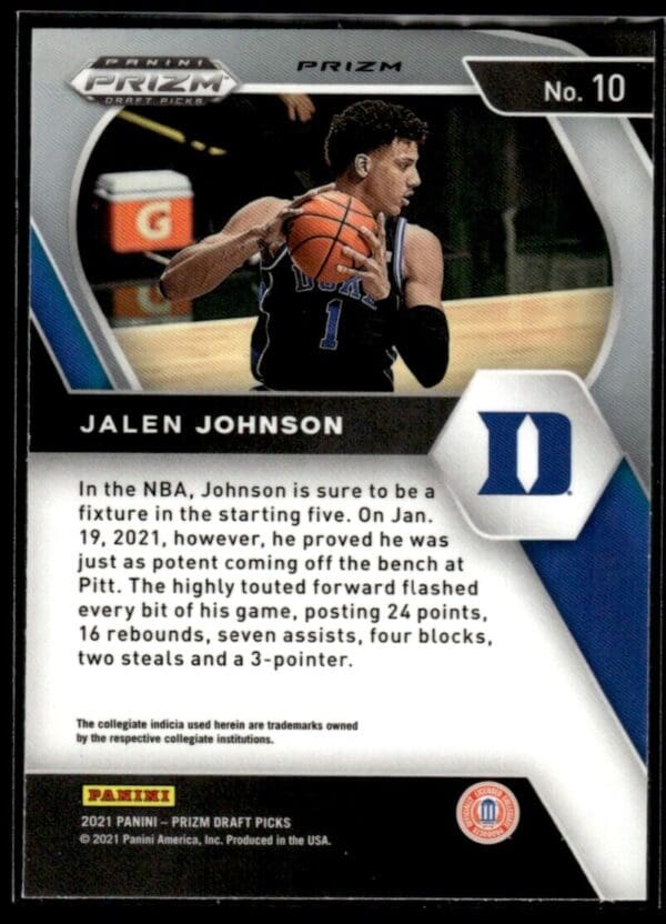 2021 Panini Prizm Draft Picks Duke Blue Devils #10 Jalen Johnson RC Purple Wave