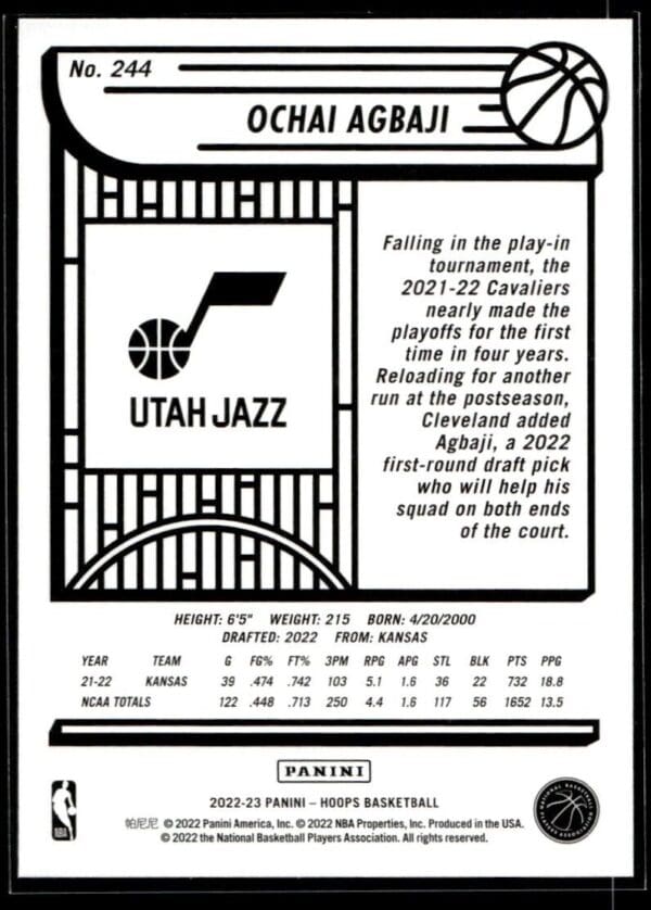 2022 NBA Hoops Utah Jazz #244 Ochai Agbaji RC Rookie