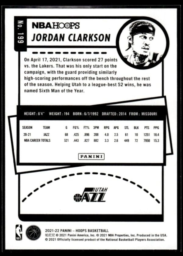 2021 Hoops Utah Jazz #199 Jordan Clarkson Purple