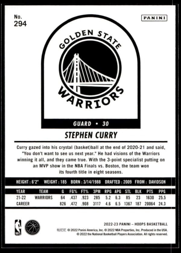 2022 NBA Hoops Golden State Warriors #294 Stephen Curry Tribute