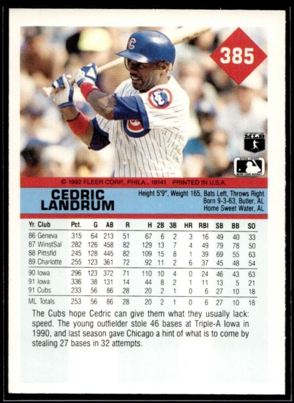 _10 1992 Fleer Chicago Cubs #385 Cedric Landrum