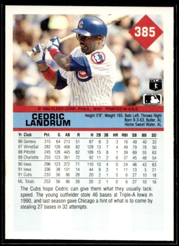 _10 1992 Fleer Chicago Cubs #385 Cedric Landrum