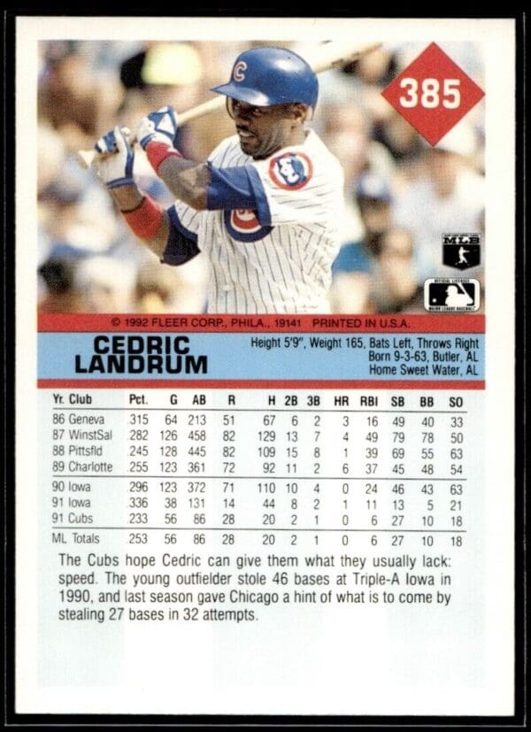 1992 Fleer Chicago Cubs #385 Cedric Landrum