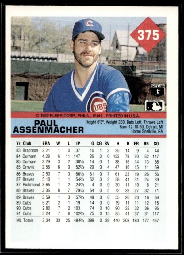 _10 1992 Fleer Chicago Cubs #375 Paul Assenmacher