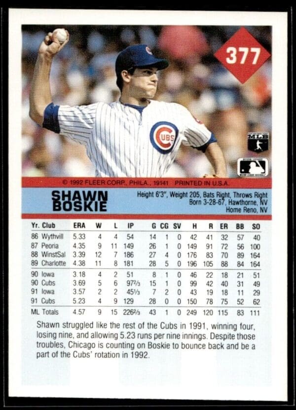 _10 1992 Fleer Chicago Cubs #377 Shawn Boskie