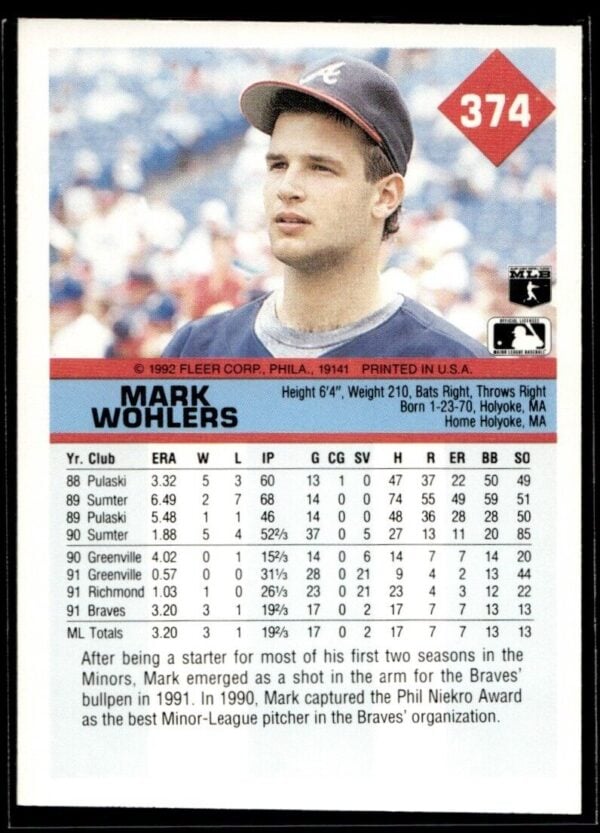 1992 Fleer Atlanta Braves #374 Mark Wohlers