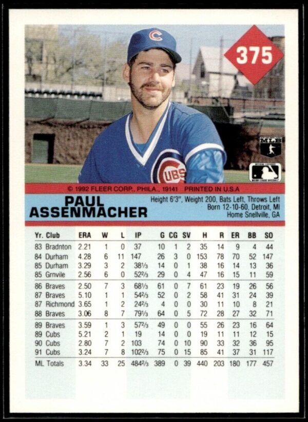 _10 1992 Fleer Chicago Cubs #375 Paul Assenmacher