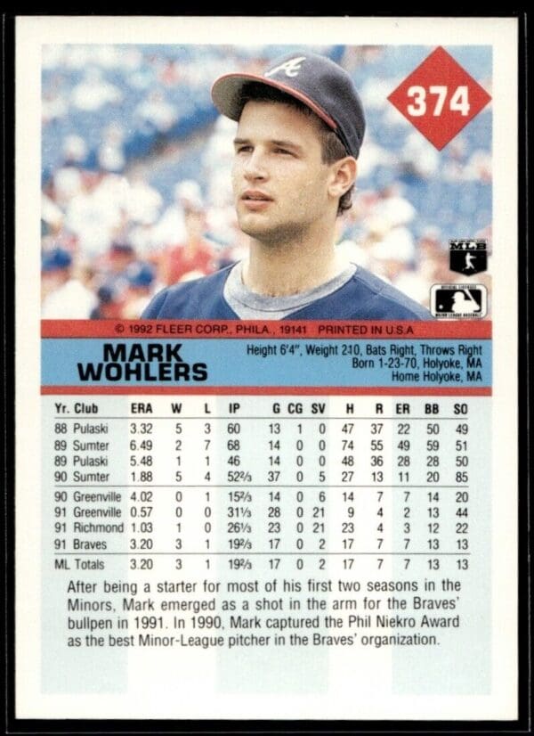 _10 1992 Fleer Atlanta Braves #374 Mark Wohlers