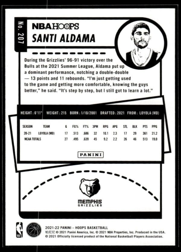 2021 NBA Hoops Memphis Grizzlies #207 Santi Aldama RC Rookie