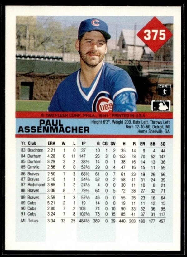 _10 1992 Fleer Chicago Cubs #375 Paul Assenmacher