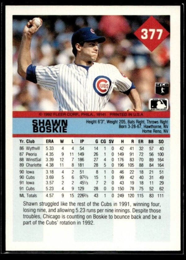 _10 1992 Fleer Chicago Cubs #377 Shawn Boskie
